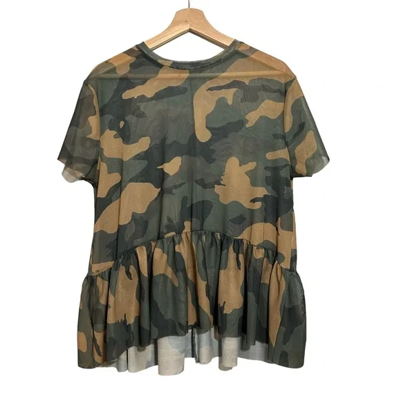 Zara Trafaluc Camo Fatigue Sheer Peplum Top Hi Lo Oversized Sz M - Picture 2 of 9
